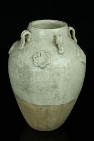 Jun019 Chinese Song Dynasty Pottery White Glaze 4 Ear Vase Pot