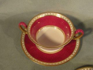 FINE SET 4 WEDGWOOD ULANDER RUBY POWDER CREAM SOUP BOWLS & SAUCERS 2