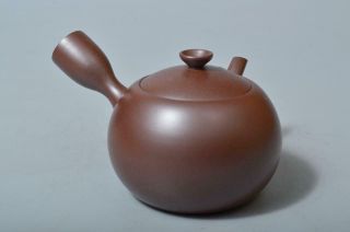 T144: Japanese Banko - ware Brown pottery TEAPOT Kyusu Sencha,  auto w/signed box 2