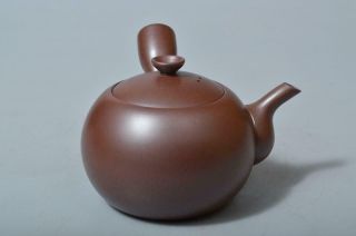 T144: Japanese Banko - ware Brown pottery TEAPOT Kyusu Sencha,  auto w/signed box 3