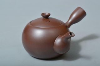 T144: Japanese Banko - ware Brown pottery TEAPOT Kyusu Sencha,  auto w/signed box 4