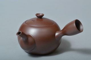 T144: Japanese Banko - ware Brown pottery TEAPOT Kyusu Sencha,  auto w/signed box 5