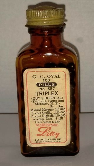 Antique Eli Lilly & Co Triplex Apothecary Glass Pharmacy Bottle W/contents