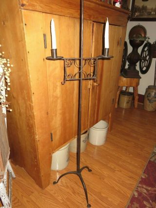 Antique Primitive Floor Standing Wrought Iron Adjustable Double Candle Holder