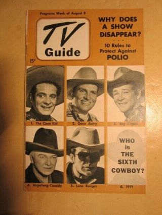 Aug.  1952 Western Cowboy Tv Guide Cover Hoppy,  Autry,  Roy,  Cisco,  Lone Ranger