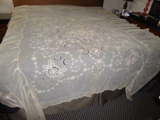 Divine Antique French Tambour Net Lace Bedspread Coverlet Stunning