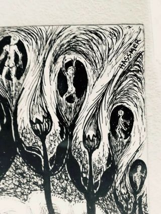 Framed Vintage 1963 MCM Surrealist Ink Drawing Nude Figures by Bob Hassamer 2