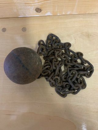 Antique Gate Weight Cannon Ball With Old Chain 1900