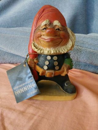 Henning Engelsen Hand Carved Wood Nisse Troll Vintage Rare With Tag Gnome