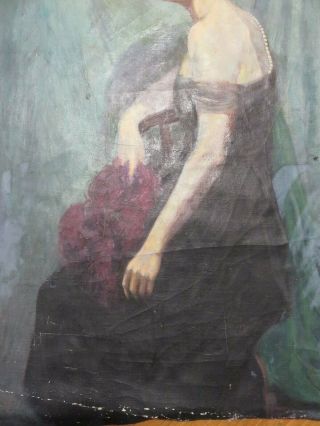 PRETTY ANTIQUE PORTRAIT OF A WOMAN FLAPPER OIL PAINTING ON CANVAS ROARING 20 ' S 3