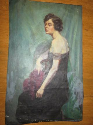PRETTY ANTIQUE PORTRAIT OF A WOMAN FLAPPER OIL PAINTING ON CANVAS ROARING 20 ' S 5