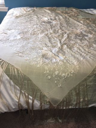 Unique Vintage Silk Piano Scarf Shawl Embroidered 49.  5” Not Including Fringe