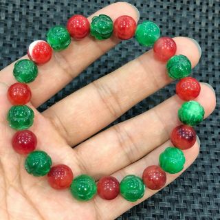 Chinese Collectible Red & Green Jadeite Jade Lotus Beads Handwork Rare Bracelet