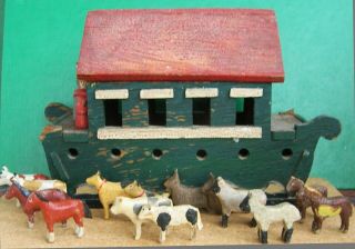 Antique Miniature Noahs Ark,  Animals C 1910 Wooden German