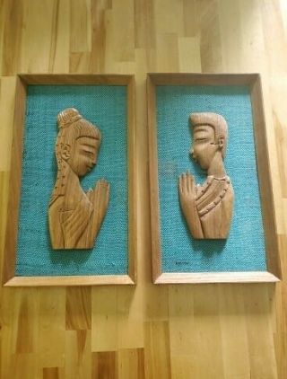 Mid Century Modern Carved Teak Wood Wall Plaques Polynesian Praying Tiki Retro