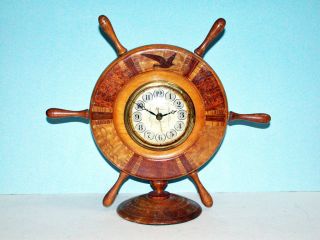 Vintage Waltham Clock In Handcrafted Inlaid Wood Ships Wheel
