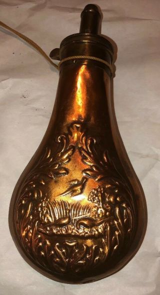 Antique Powder Flask Hunting Copper Double Sided Pheasant Design