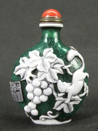 Chinese Squirrel Grape Carved Peking Overlay Glass Snuff Bottle