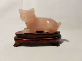 Delicate Chinese Carved Cat Agate Statue & Wooden Basis