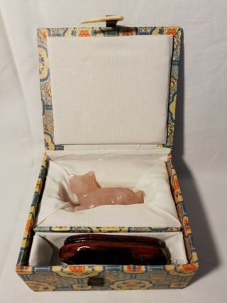 Delicate Chinese Carved Cat Agate Statue & Wooden basis 2