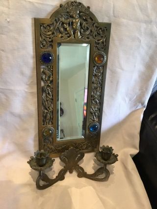 Antique Jeweled Arts And Craft Mirror Candle Sconce Bradley Hubbard