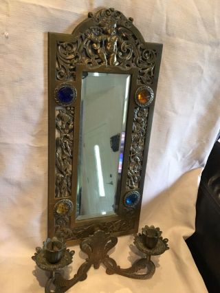 Antique Jeweled Arts And Craft Mirror Candle Sconce Bradley Hubbard 8