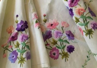 Vintage Hand Embroidered Linen Tablecloth Gorgeous Raised Summer Flowers