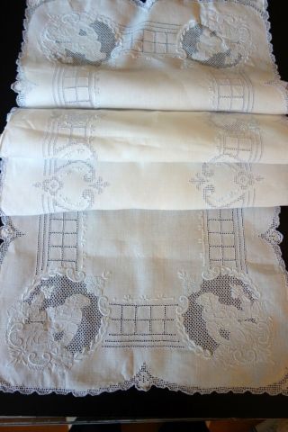 Antique Linens - Linen Table Runner With Appenzell Vignettes W/classical Figures