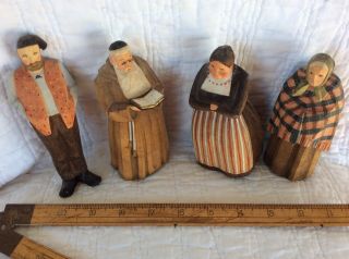 Vintage Hand Carved Wooden European Family With Priest Figurines Approx 5”