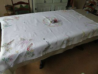 VINTAGE HAND EMBROIDERED TABLECLOTH/ EXQUISITE CRINOLINE LADIES - LARGE 66 X49 2