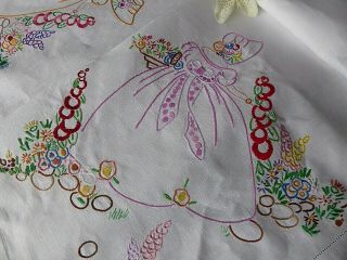 VINTAGE HAND EMBROIDERED TABLECLOTH/ EXQUISITE CRINOLINE LADIES - LARGE 66 X49 3
