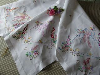 VINTAGE HAND EMBROIDERED TABLECLOTH/ EXQUISITE CRINOLINE LADIES - LARGE 66 X49 4