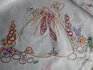 VINTAGE HAND EMBROIDERED TABLECLOTH/ EXQUISITE CRINOLINE LADIES - LARGE 66 X49 5