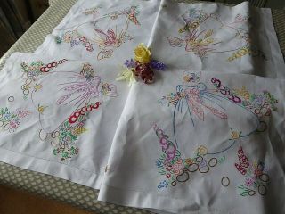 VINTAGE HAND EMBROIDERED TABLECLOTH/ EXQUISITE CRINOLINE LADIES - LARGE 66 X49 7