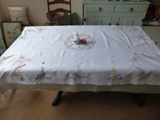 VINTAGE HAND EMBROIDERED TABLECLOTH/ EXQUISITE CRINOLINE LADIES - LARGE 66 X49 8