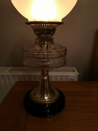 Victorian sherwoods Brass oil lamp cut glass font acid etched shade 7