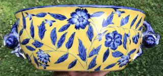 12⅜” Vintage Antique Marked Chinese Porcelain Yellow Blue & White Handled Bowl