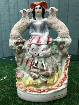 Mid 19thc Staffordshire Seated Female Figure With Sheep C1860s