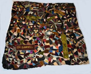 Antique 1890s Crazy Quilt Textile Velvets Silks Dated Peoria Approx.  68 X 65