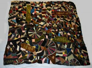 Antique 1890s Crazy Quilt Textile Velvets Silks Dated Peoria approx.  68 x 65 2
