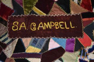 Antique 1890s Crazy Quilt Textile Velvets Silks Dated Peoria approx.  68 x 65 3