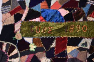 Antique 1890s Crazy Quilt Textile Velvets Silks Dated Peoria approx.  68 x 65 8