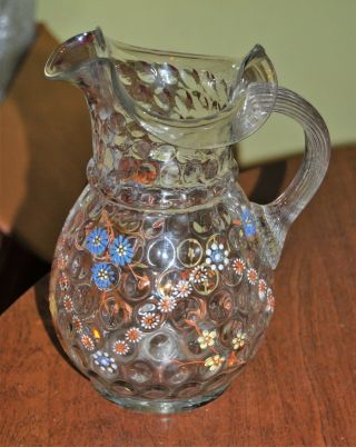 Victorian Glass Pitcher 8.  5 " Tall,  Pontil Mark,  Enamel Decoration