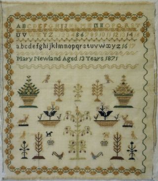 Mid/late 19th Century Motif & Alphabet Sampler By Mary Newland Aged 13 - 1871