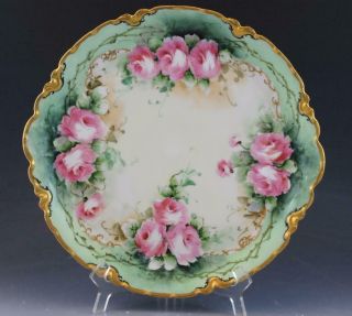 C1900 Haviland Limoges Porcelain Charger Cake Plate W/ Pink Roses Signed Fagan