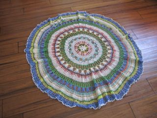Vintage Crocheted 44 Inch Tablecloth - White/pink/blue/teal/green/blue/yellow