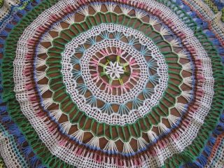 Vintage crocheted 44 inch tablecloth - white/pink/blue/teal/green/blue/yellow 2