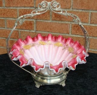 Victorian Ruffled Edge Decorated Cranberry Melon Ribbed Brides Basket & Holder