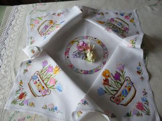 Vintage Hand Embroidered Linen Tablecloth=striking Spring Flowers -