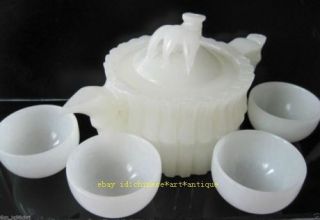Chinese 100 Natural White Jade Hand - Carved Bamboo Teapot & 4 Cups E01